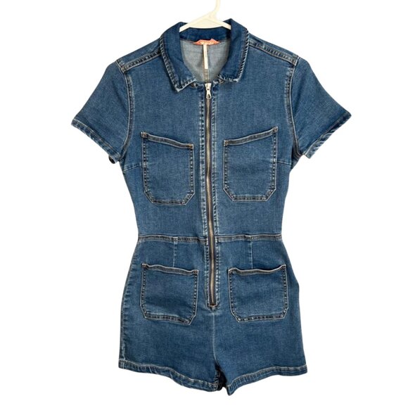 NWT FREE PEOPLE CRVY Denim Romper Utility Jumpsuit Zip Front Blue– Women’s 12 - Picture 1 of 10